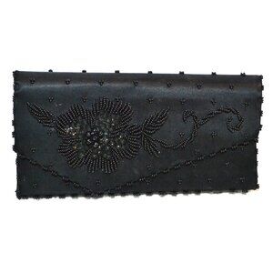 Real Nice Black Evening Bag Black Floral Design Beaded Edges Inner Pockets